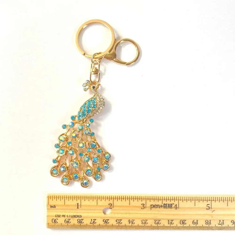 Peacock Rhinestone Charm Keychain Key Holder Multicolor Gold Tone Metal New